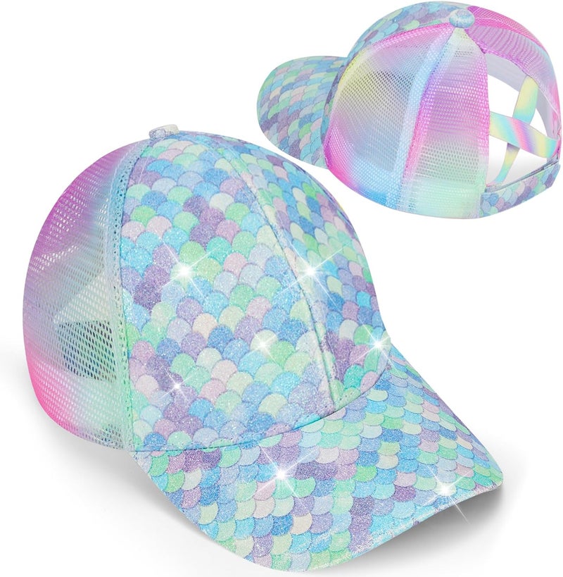 BROMZ Girls Glitter Baseball Cap Kids Ponytail Hat Adjustable Summer Mesh Trucker Hats for 4-12 Years - Image 1